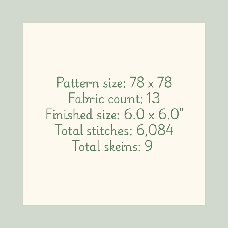 May include: A square image with text detailing cross-stitch project specifications. The text includes pattern size (78 x 78), fabric count (13), finished size (6.0 x 6.0 inches), total stitches (6,084), and total skeins (9). The background is a light green.