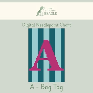 Può includere: Schema di punto aghi digitale con il testo "Digital Needlepoint Chart" e "A - Bag Tag". Il design presenta una lettera "A" magenta su uno sfondo di strisce verticali verde acqua e azzurre. Il logo "The Stitching Beagle" è in alto.
