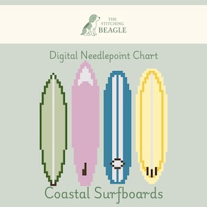 May include: A digital needlepoint chart titled Coastal Surfboards by The Stitching Beagle. The graphic features four pixelated surfboard illustrations in light green, pink, blue, and yellow, arranged vertically against a pale green background.