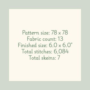 May include: A square image with text detailing cross-stitch project specifications. The text includes pattern size, fabric count, finished size (6.0 x 6.0 inches), total stitches, and total skeins.
