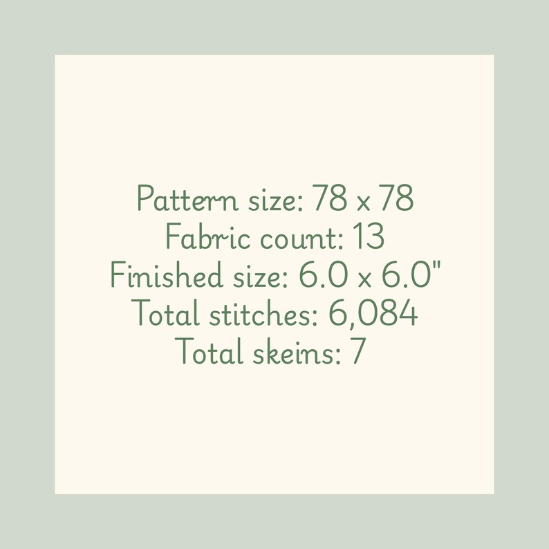 May include: A square image with text detailing cross-stitch project specifications. The text includes pattern size, fabric count, finished size (6.0 x 6.0 inches), total stitches, and total skeins.