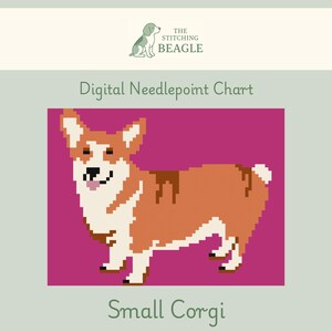 May include: Digital needlepoint chart featuring a pixelated illustration of a small Corgi dog. The dog is depicted in shades of orange, white, and brown against a magenta background. The text "Small Corgi" is below the image.