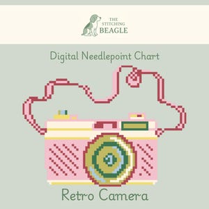 May include: A digital needlepoint chart featuring a pixel art illustration of a pink retro camera with a long strap. The design includes the text The Stitching Beagle, Digital Needlepoint Chart, and Retro Camera in a light green background.