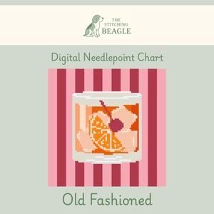 May include: Digital needlepoint chart featuring an Old Fashioned cocktail. The image shows a pixelated illustration of a cocktail glass filled with ice, an orange slice, and a cherry, set against a pink and red striped background.