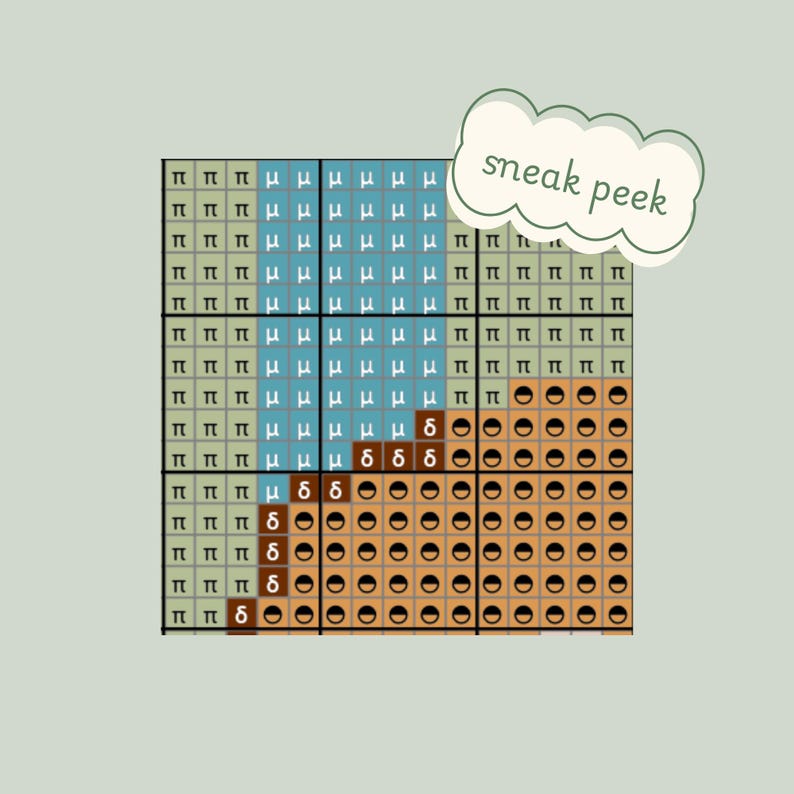 May include: A cross-stitch pattern with a grid design, featuring various symbols and colors. The color palette includes shades of blue, brown, and green. The text "sneak peek" is displayed in a cloud-shaped speech bubble.