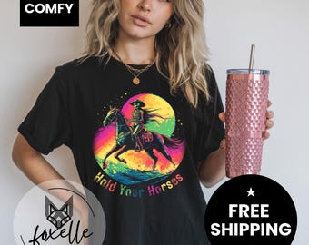 Retro Skeleton Cowgirl Graphic Tee: Psychedelic Western Style Women's T-shirt