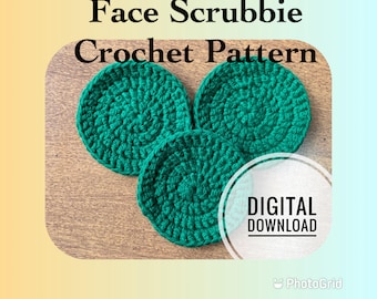 May include: Three green crocheted scrubbies on a wooden surface. The scrubbies are round and have a textured surface. The text "Face Scrubbies Crochet Pattern" and "Digital Download" is visible in the image.