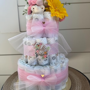 Three tier pink floral diaper cake for baby girl, baby shower gift or centerpiece
