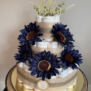 Three tier blue sunflower diaper cake for baby boy, baby shower gift or centerpiece