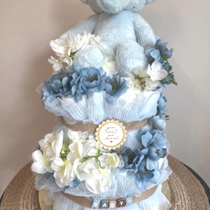 Two tier blue elephant diaper cake for baby boy, baby shower gift or centerpiece
