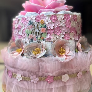 Two tier pink floral diaper cake, baby shower gift or centerpiece