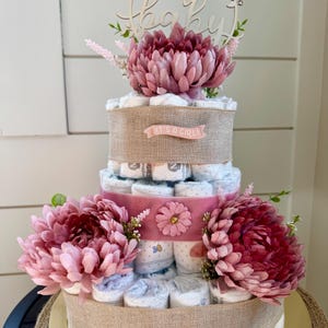 Three tier pink floral diaper cake baby shower gift or centerpiece