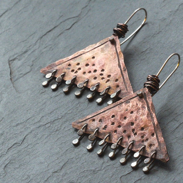 Iron-age Tradition - Bronze, sterling silver and copper earrings.