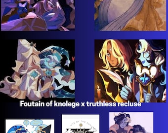 May include: A collage of fantasy art featuring characters with blue, gold, and white color schemes. The text "Foutain of knolege x truthless recluse" is present. One image includes the text "LIVE BY THE SUN LOVE BY THE MOON".