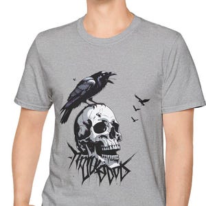 Skull Unisex T-Shirt, Halloween Shirt, Gothic Tee, Spooky Graphic Top, Raven Bird Skeleton Shirt