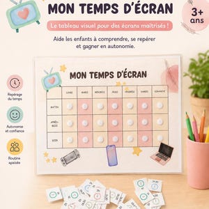 Könnte beinhalten: Visuelle Bildschirmzeit-Management-Tafel für Kinder ab 3 Jahren. Die Tafel zeigt einen Wochenplan mit Morgen-, Nachmittags- und Abendzeiten, sowie repositionierbare Zeitplättchen. Mit TV-Grafik und dem Text "MON TEMPS D'ÉCRAN".