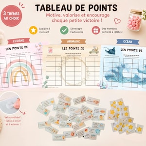 Peut inclure: Tableau de points avec trois thèmes : licorne, animaux et océan. Le texte "TABLEAU DE POINTS" et "3 THÈMES AU CHOIX" est visible. Comprend des cartes de récompense et des jetons en forme d'étoile. Une tasse rose et un lapin en peluche sont en arrière-plan.