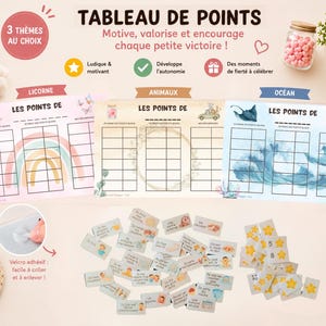Könnte beinhalten: Ein Set aus drei thematischen Punktetabellen mit dem Text "TABLEAU DE POINTS" und "3 THÈMES AU CHOIX". Die Themen sind Einhorn, Tiere und Ozean. Enthält Belohnungskarten, Stern-Token und eine rosa Tasse.