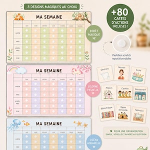 Peut inclure: Tableau des routines pour enfants avec trois designs : forêt, licorne et océan. Il comprend plus de 80 cartes d'actions et des pastilles repositionnables. Conçu pour encourager l'autonomie et la responsabilité des enfants. Imprimé en France.