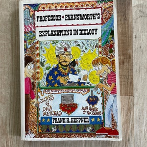 May include: A book cover with a cartoon illustration of a professor with a turban and a beard. The book is titled "Professor Farnsworth's Explanations in Biology". The cover also features a sign that says "Secrets of DNA Revealed".