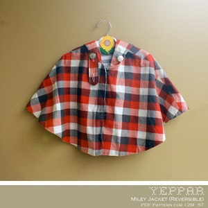 May include: Red and black plaid reversible jacket with a hood. The jacket is hanging on a hanger with a sunflower on it. The text "YEPPAR MILEY JACKET (REVERSIBLE) PDF PATTERN FOR 12M - 5T" is at the bottom of the image.