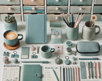 Puede incluir: Un surtido de artículos de papelería y accesorios de escritorio en tonos azules y rosas, incluyendo cuadernos, lápices, bolígrafos y tazas. Una taza de café está sobre un posavasos de madera. Se ve el texto "Reading List".