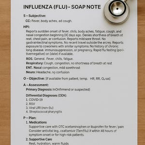 Puede incluir: Un papel blanco titulado "INFLUENZA (FLU) - SOAP NOTE" con información médica, incluidos síntomas, diagnósticos y planes de tratamiento. Un estetoscopio descansa sobre el papel. El papel está sobre una superficie de madera.