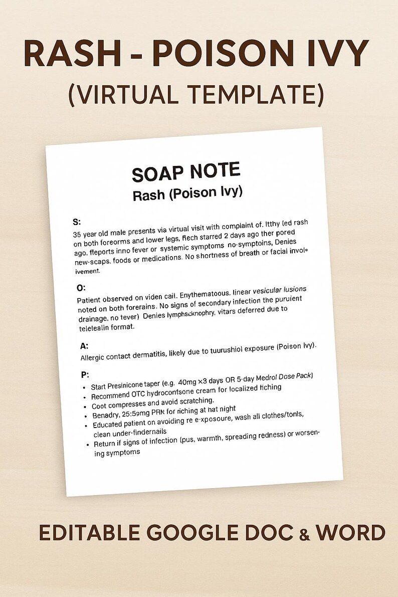 SOAP Note – Rash (poison Ivy) | Virtual Care Template | Editable Google ...