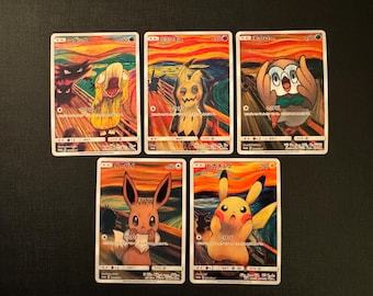 Scream munch cards - 5 card set Japanese exclusives-  custom handmade proxy - Pikachu, eevee, pysduck, mimikyu, rowlet