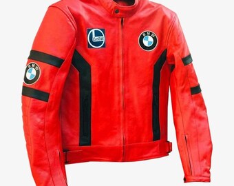 Men BMW Motorbike Racing Leather Jacket Red & White Available in