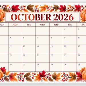 May include: A monthly calendar page for October 2026 featuring a decorative border of orange pumpkins, red maple leaves, and small red berries. The grid displays the days of the week and dates from the 1st to the 31st in a clear, dark red font.