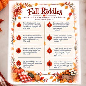 Könnte beinhalten: Ein weißes Arbeitsblatt mit dem Titel Fall Riddles, das acht nummerierte Rätsel zu herbstlichen Themen enthält. Der Rand ist mit bunten Herbstblättern, Beeren und Blumen verziert. Der Text enthält Anweisungen, jedes Rätsel zu lesen und die Antwort auf die Linie unter jedem nummerierten Punkt zu schreiben.