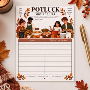 May include: A white paper potluck sign-up sheet featuring an illustration of four people preparing food, autumn leaves, and the text Potluck Sign-Up Sheet, Potluck Date, Name, and Dish/Contribution. The sheet includes lines for writing names and dishes.