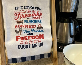 Fireworks and Freedom patriotic machine embroidered kitchen towel