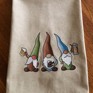 Beer Drinking Gnome Trio machine embroidered kitchen towel image 1