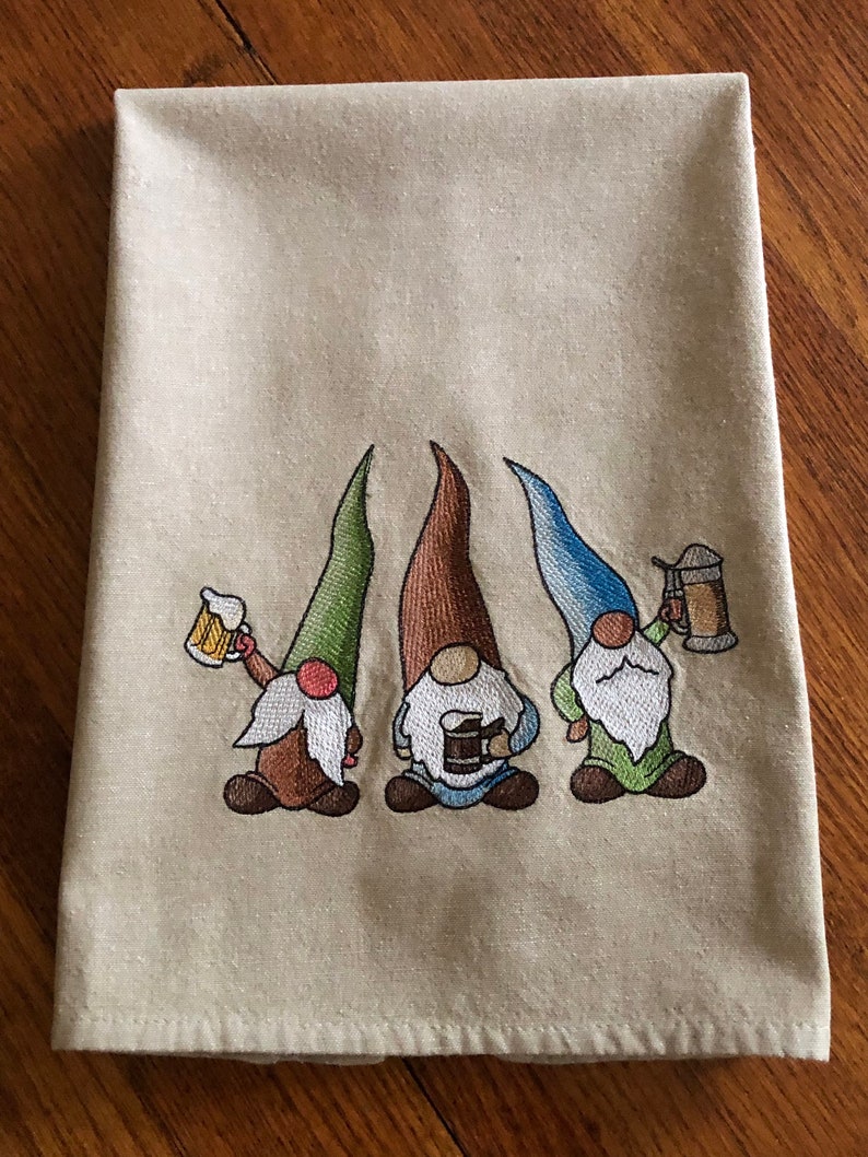 Beer Drinking Gnome Trio machine embroidered kitchen towel image 1
