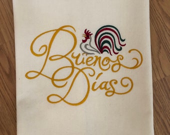 Buenos Dias rooster machine embroidered kitchen towel