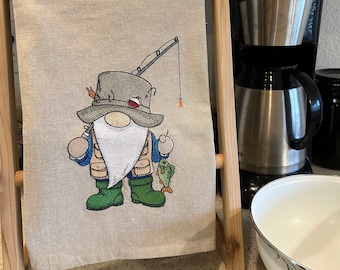 Gnome fisherman machine-embroidered kitchen or bar towel