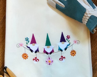 Garden Gnome Clothesline machine-embroidered kitchen towel with optional coordinated towel