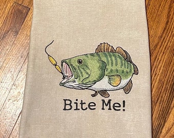 Fishing “Bite Me” machine-embroidered kitchen or bar towel