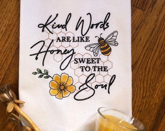 Kind Words Bee machine-embroidered kitchen dish towel