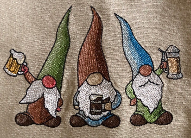 Beer Drinking Gnome Trio machine embroidered kitchen towel image 2