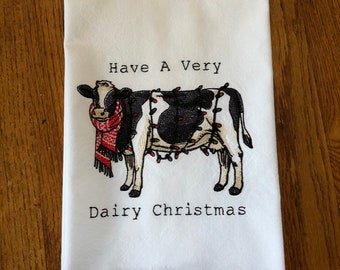 Dairy Christmas Cow kitchen towel machine embroidered