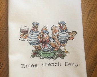 Three French Hens machine-embroidered Dish Towel