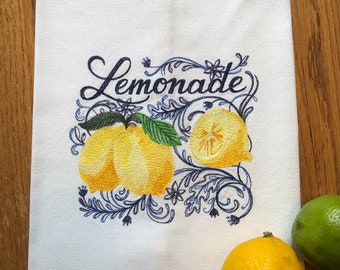 Lemonade and fresh lemons machine embroidered kitchen towel