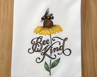 Bee Kind machine embroidered kitchen dish towel