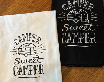 Vintage camper “Camper Sweet Camper” kitchen towel - 2 towel color choices