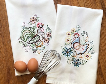Hen and Rooster vintage machine embroidered dish towel set