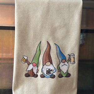 Beer Drinking Gnome Trio machine embroidered kitchen towel image 3