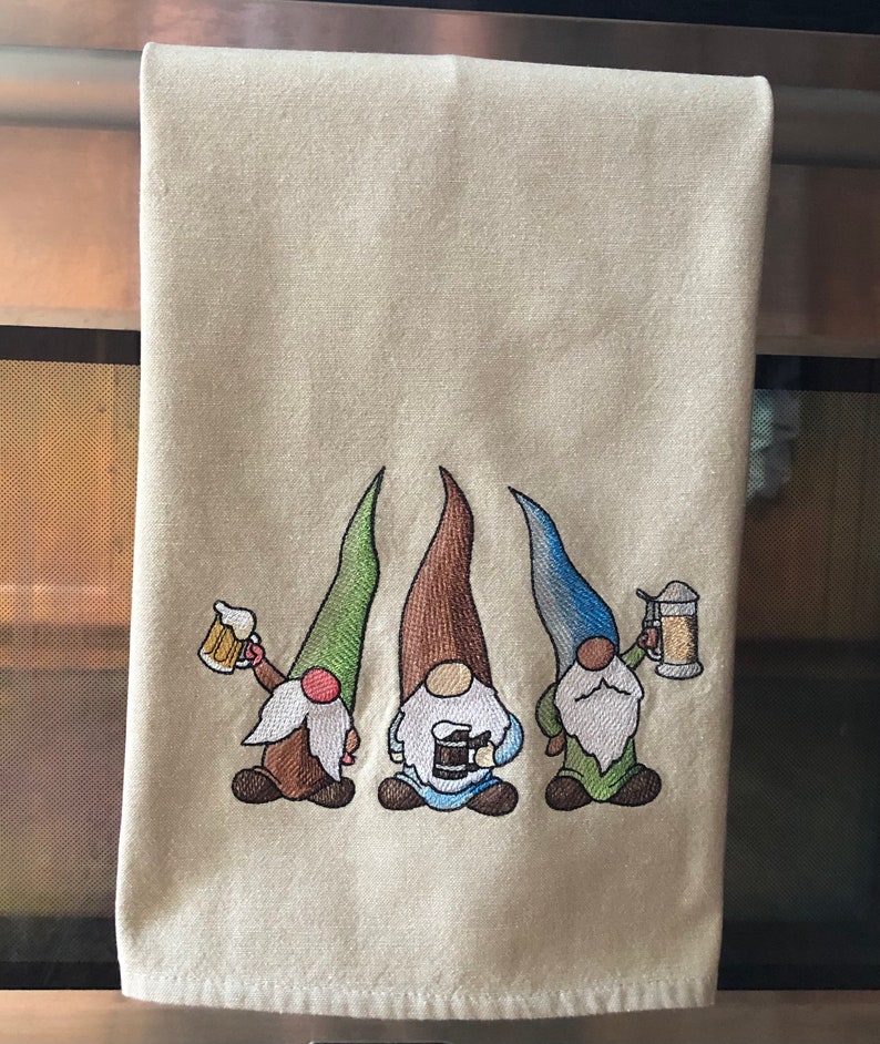 Beer Drinking Gnome Trio machine embroidered kitchen towel image 3